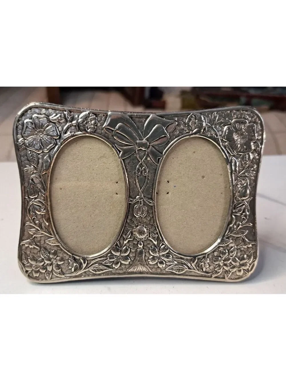 Vtg Style Miniature Tabletop Ornate Silver Tone Double Picture Frame 3.5